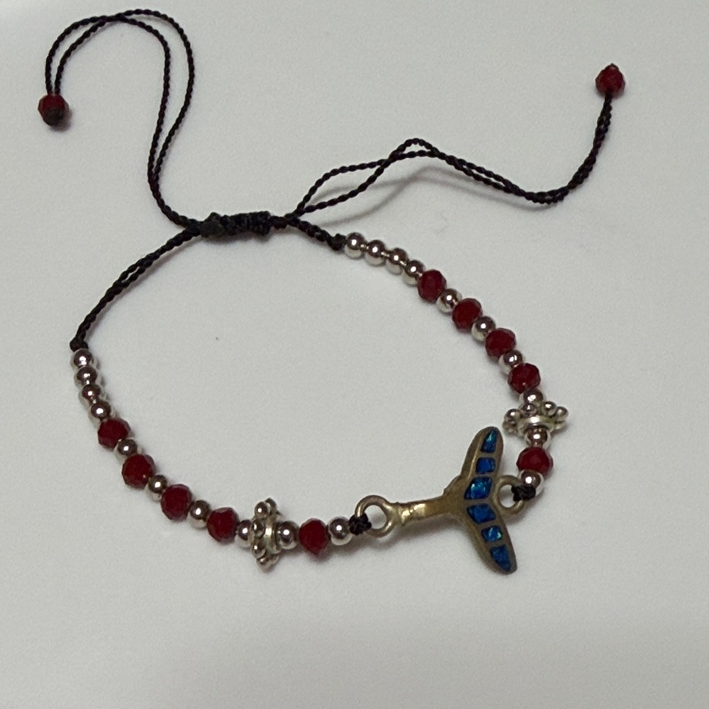 Red and Gold Beaded Bracelet with Silver Whale Tail Charm